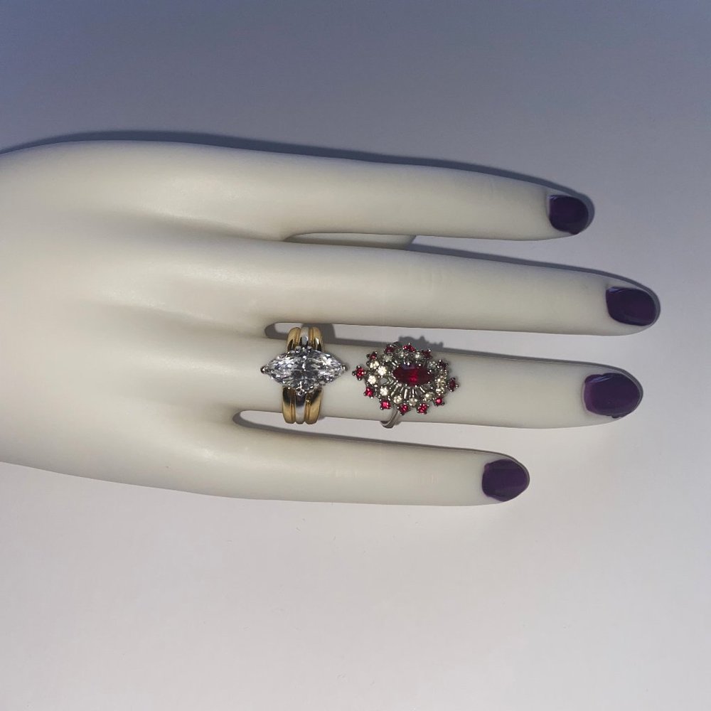 2 Costume Jewelry Rings 5 5.5 Red Clear Rhinestones CZ? Gold Silver Tone 18KTHGE - Picture 2 of 7